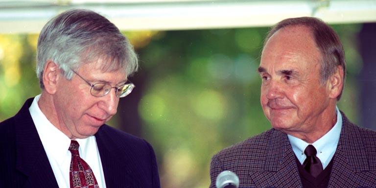 Miles Brand and Dick Enberg